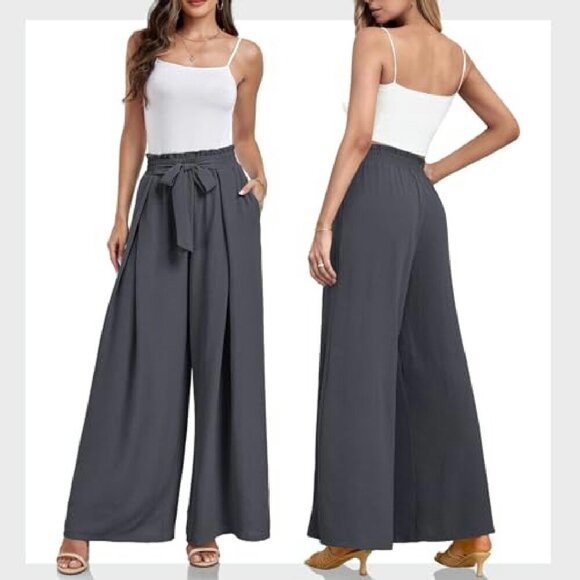 High Waisted Wide Leg Palazzo Pants with Tie Knot and Pockets - Picture 6 of 8